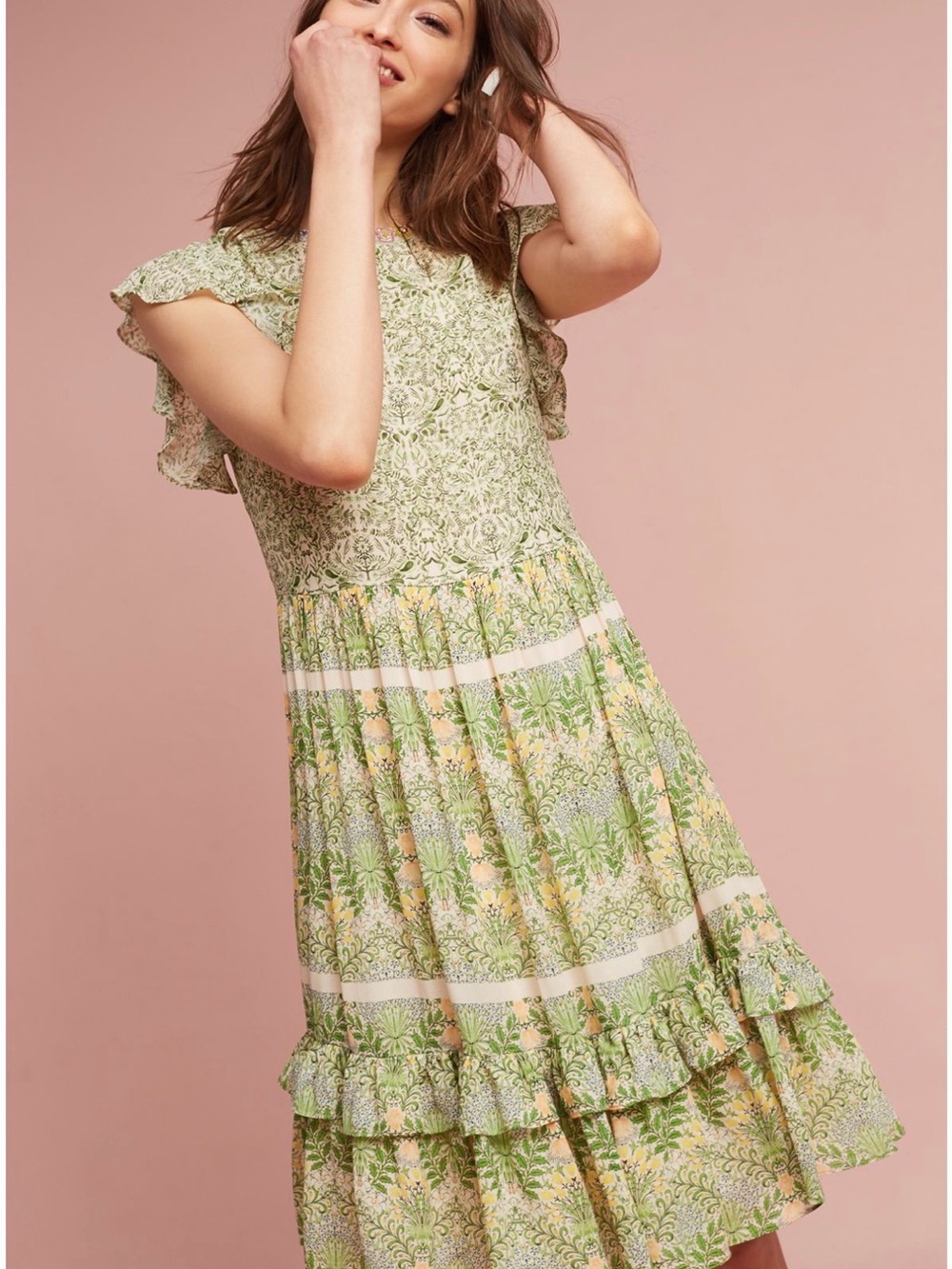 Varun Bahl Lanai Beaded Floral Midi Dress Green Pink Boho Luxe Wedding Guest 8
